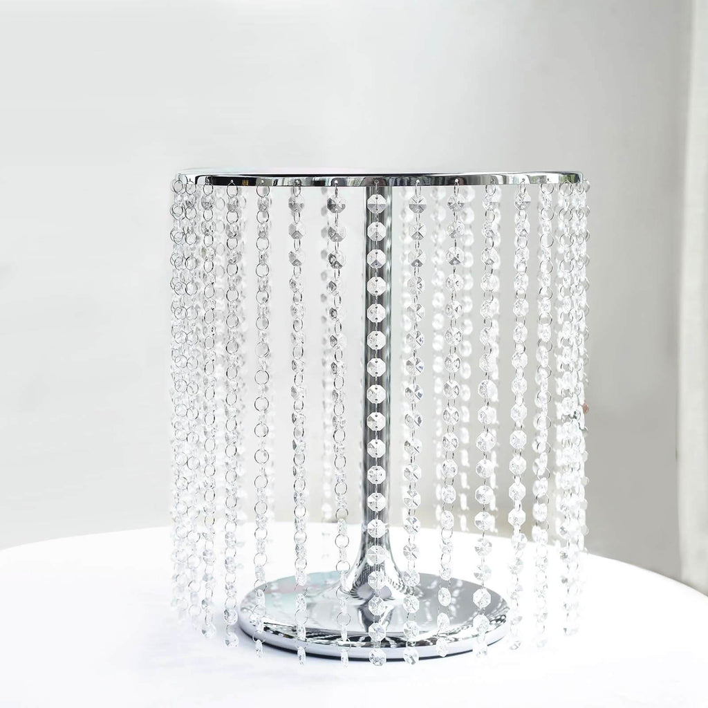 Metal Cake Stand Round Design Metallic Silver with Crystal Chains 14" Dia - Cupcake Dessert Pedestal 16"Tall - Bell Racket Store