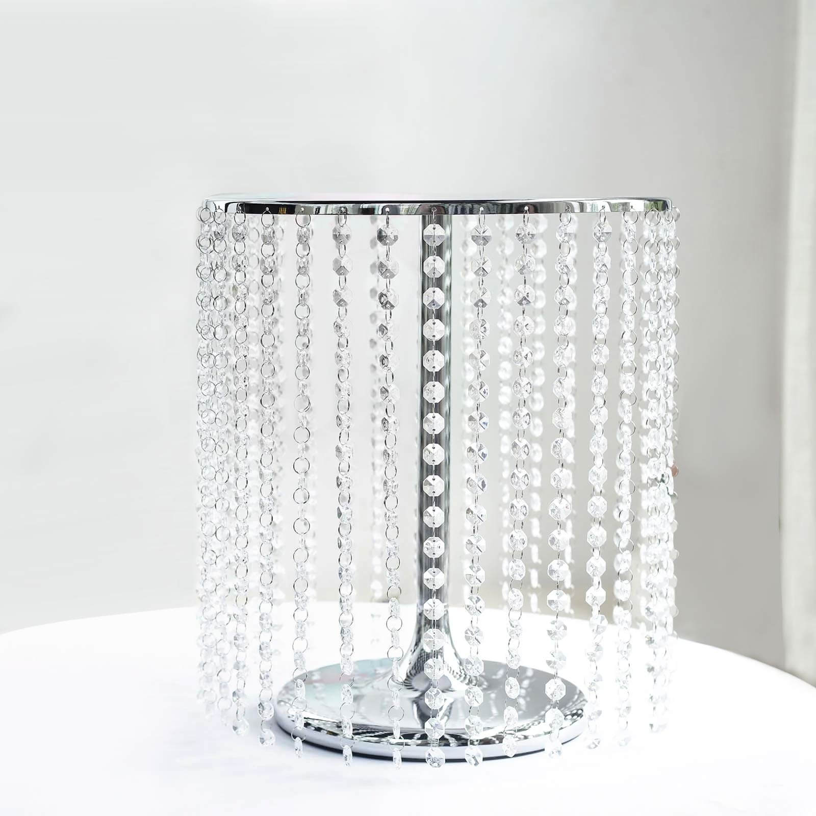 Metal Cake Stand Round Design Metallic Silver with Crystal Chains 14" Dia - Cupcake Dessert Pedestal 16"Tall - Bell Racket Store