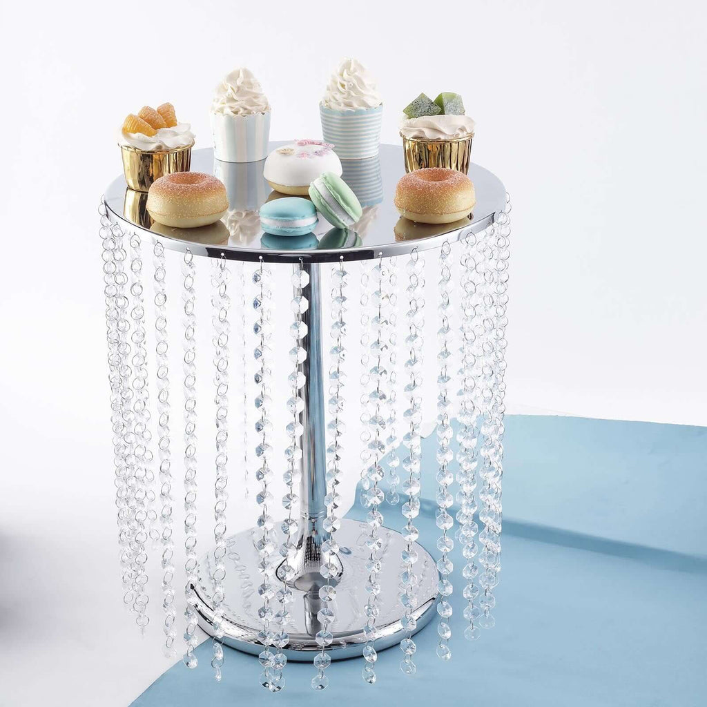 Metal Cake Stand Round Design Metallic Silver with Crystal Chains 14" Dia - Cupcake Dessert Pedestal 16"Tall - Bell Racket Store
