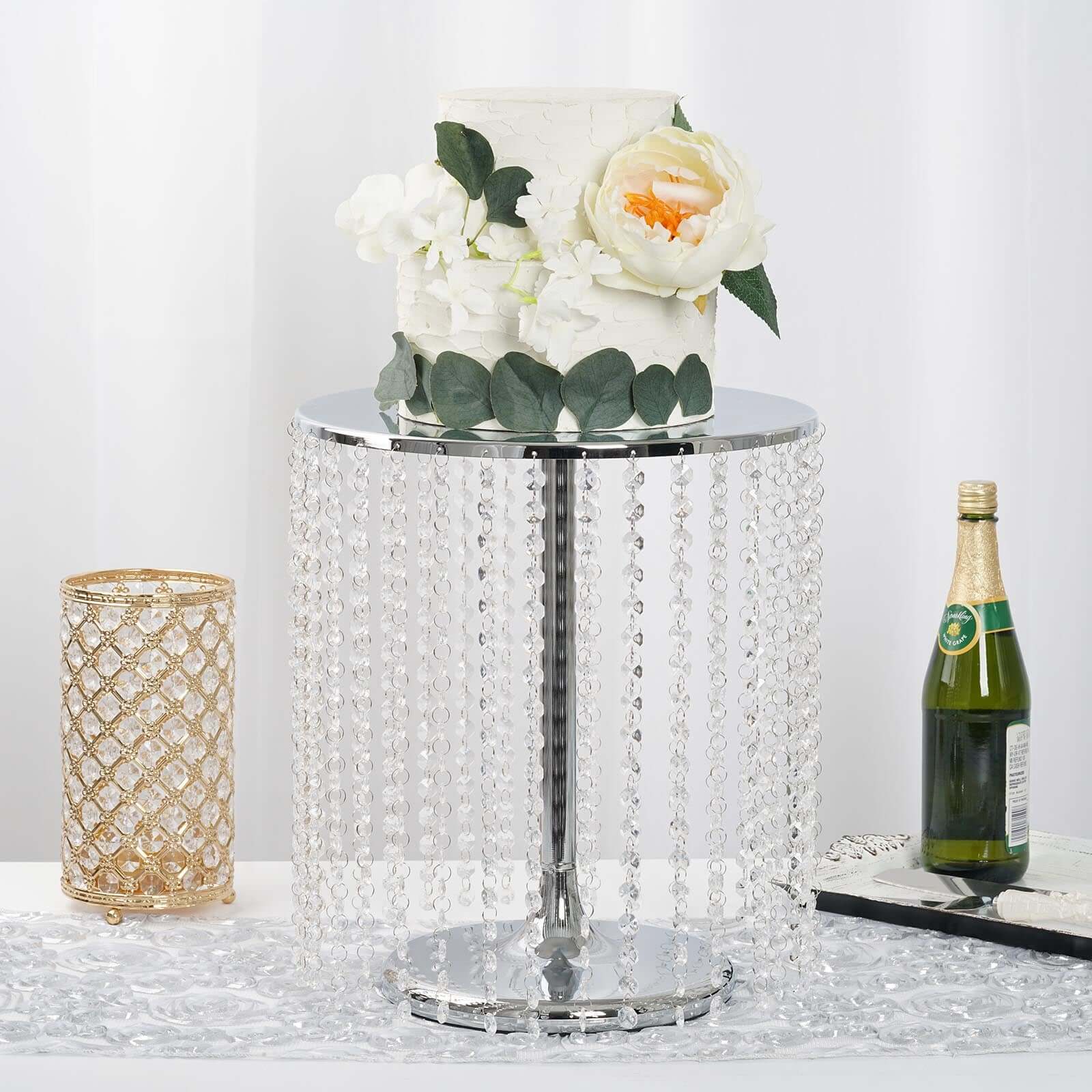 Metal Cake Stand Round Design Metallic Silver with Crystal Chains 14" Dia - Cupcake Dessert Pedestal 16"Tall - Bell Racket Store