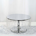 Metal Cake Stand Round Design Metallic Silver with Crystal Chains 14" Dia - Cupcake Dessert Pedestal 8" Tall