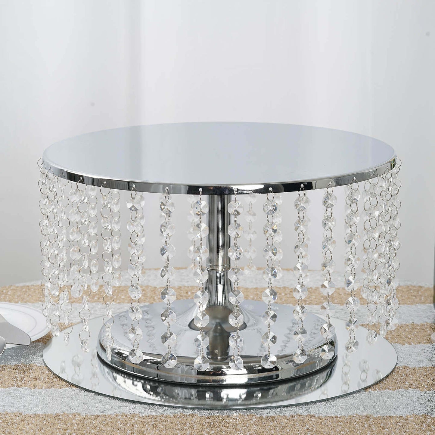 Metal Cake Stand Round Design Metallic Silver with Crystal Chains 14" Dia - Cupcake Dessert Pedestal 8" Tall - NestOCart
