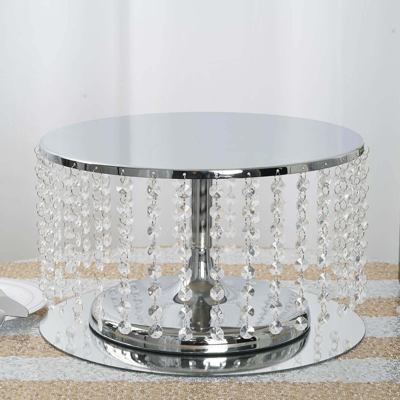 Metal Cake Stand Round Design Metallic Silver with Crystal Chains 14" Dia - Cupcake Dessert Pedestal 8" Tall - NestOCart