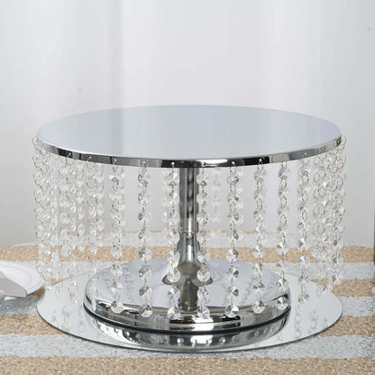 Metal Cake Stand Round Design Metallic Silver with Crystal Chains 14" Dia - Cupcake Dessert Pedestal 8" Tall - NestOCart