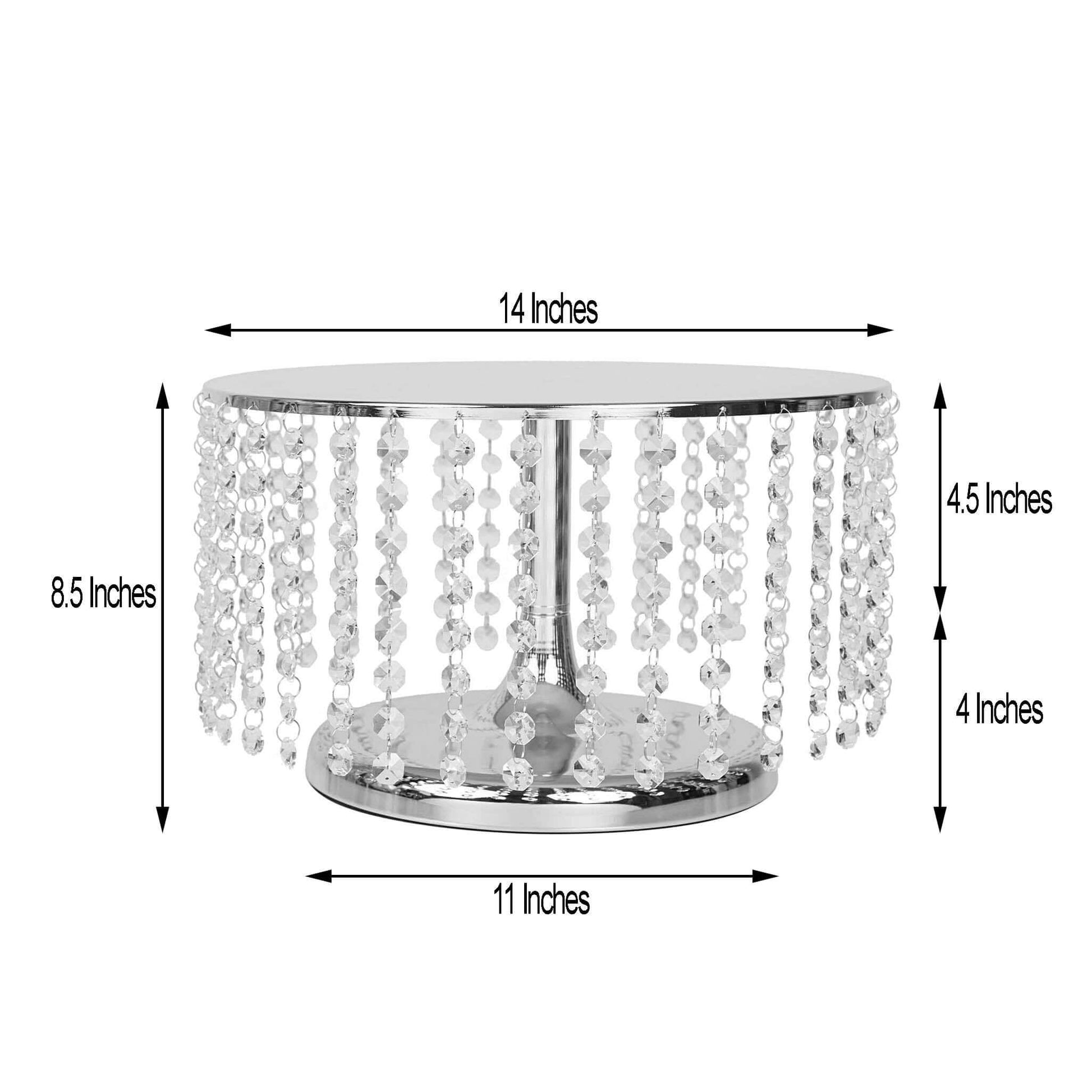 Metal Cake Stand Round Design Metallic Silver with Crystal Chains 14" Dia - Cupcake Dessert Pedestal 8" Tall - NestOCart