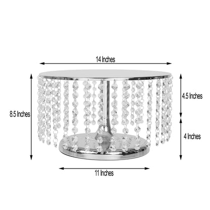 Metal Cake Stand Round Design Metallic Silver with Crystal Chains 14" Dia - Cupcake Dessert Pedestal 8" Tall - NestOCart