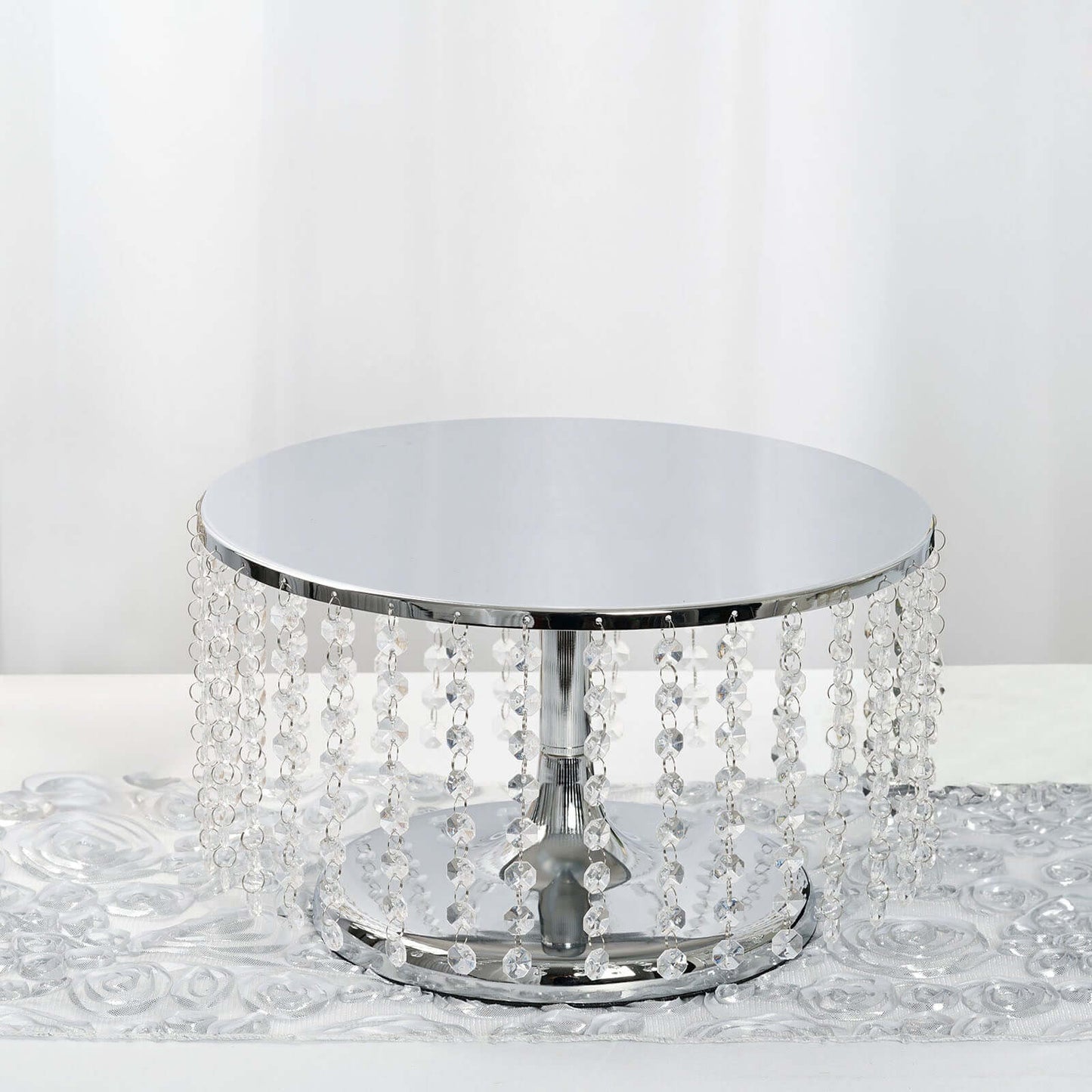 Metal Cake Stand Round Design Metallic Silver with Crystal Chains 14" Dia - Cupcake Dessert Pedestal 8" Tall - NestOCart