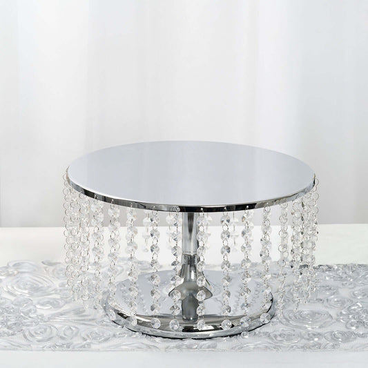 Metal Cake Stand Round Design Metallic Silver with Crystal Chains 14" Dia - Cupcake Dessert Pedestal 8" Tall - NestOCart