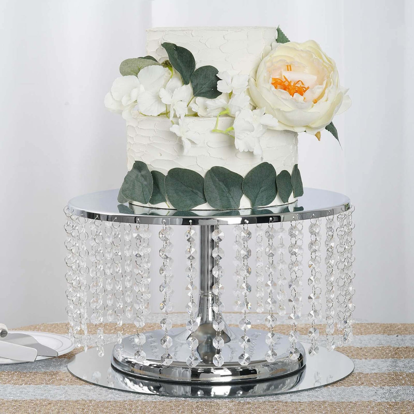 Metal Cake Stand Round Design Metallic Silver with Crystal Chains 14" Dia - Cupcake Dessert Pedestal 8" Tall - NestOCart