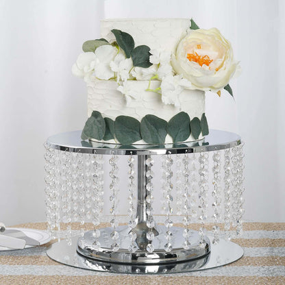 Metal Cake Stand Round Design Metallic Silver with Crystal Chains 14" Dia - Cupcake Dessert Pedestal 8" Tall - NestOCart