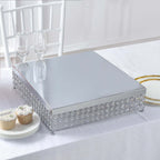 Metal Cake Stand Square Design with Crystal Beads Silver - Dessert Pedestal for Events 16"