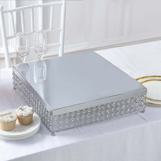 Metal Cake Stand Square Design with Crystal Beads Silver - Dessert Pedestal for Events 16" - NestOCart