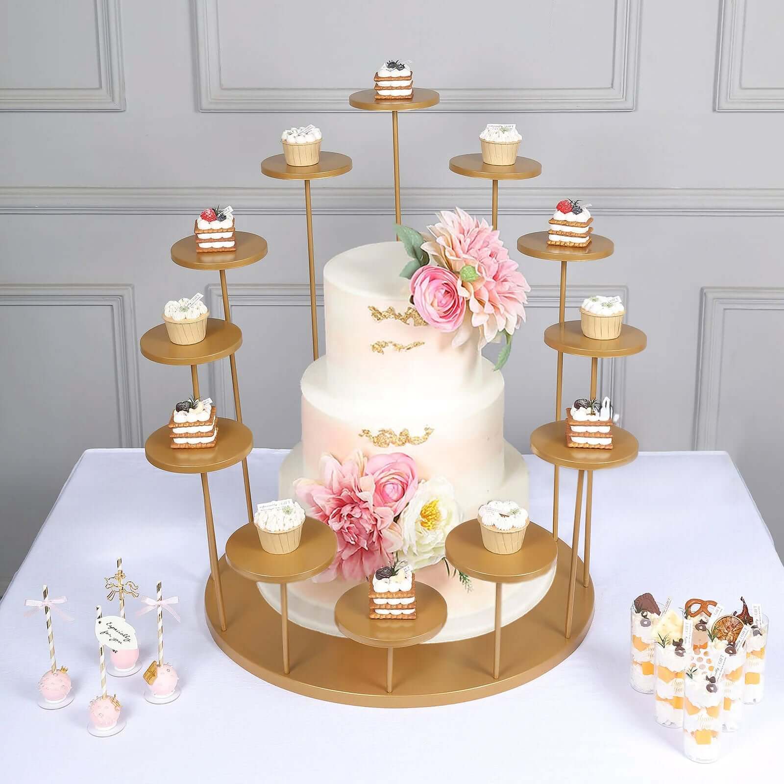 Metal Cake Stand with 12 - Arm Tiered Cupcake Holders Gold - Layered Dessert Display Tower Centerpiece for Luxurious Weddings Gala Events & Dessert Buffets 29" - Bell Racket Store