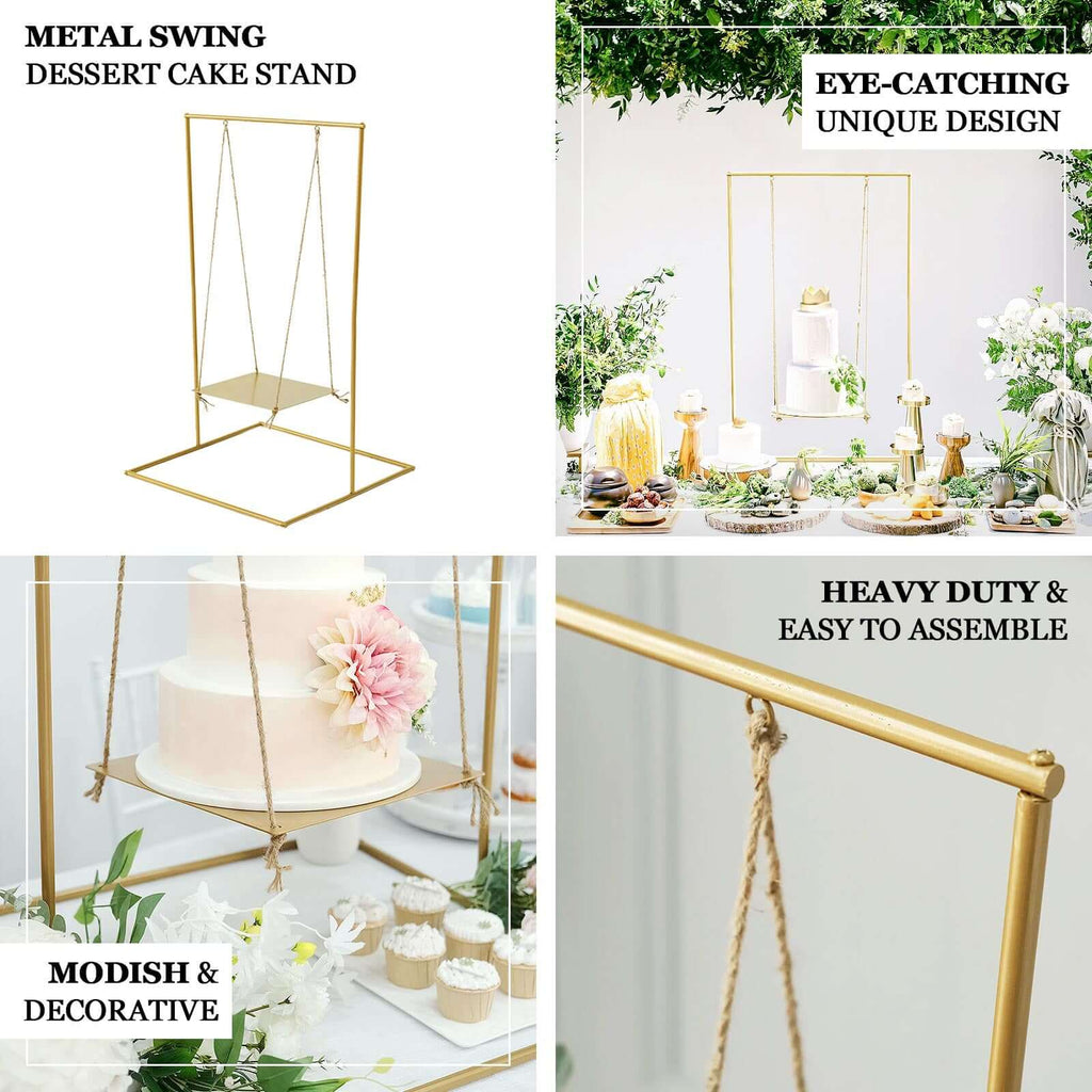 Metal Cake Swing Stand with Jute Rope Gold - Chic Hanging Dessert Display Centerpiece for Upscale Event Table Decor 3ft Tall - Bell Racket Store