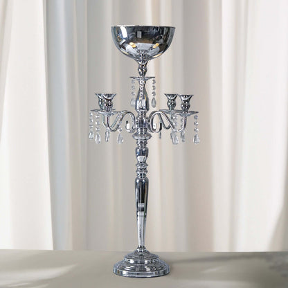 Metal Candelabra 4 Arm Design Silver with Flower Vase Bowl - Table Centerpiece for Weddings 33" - NestOCart