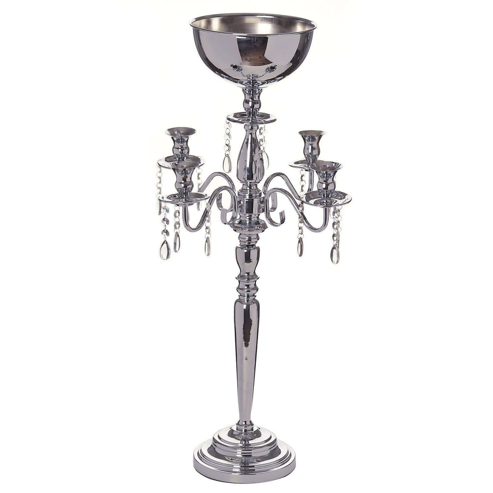 Metal Candelabra 4 Arm Design Silver with Flower Vase Bowl - Table Centerpiece for Weddings 33" - NestOCart
