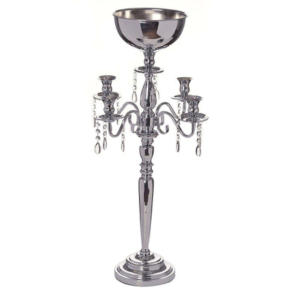 Metal Candelabra 4 Arm Design Silver with Flower Vase Bowl - Table Centerpiece for Weddings 33" - NestOCart