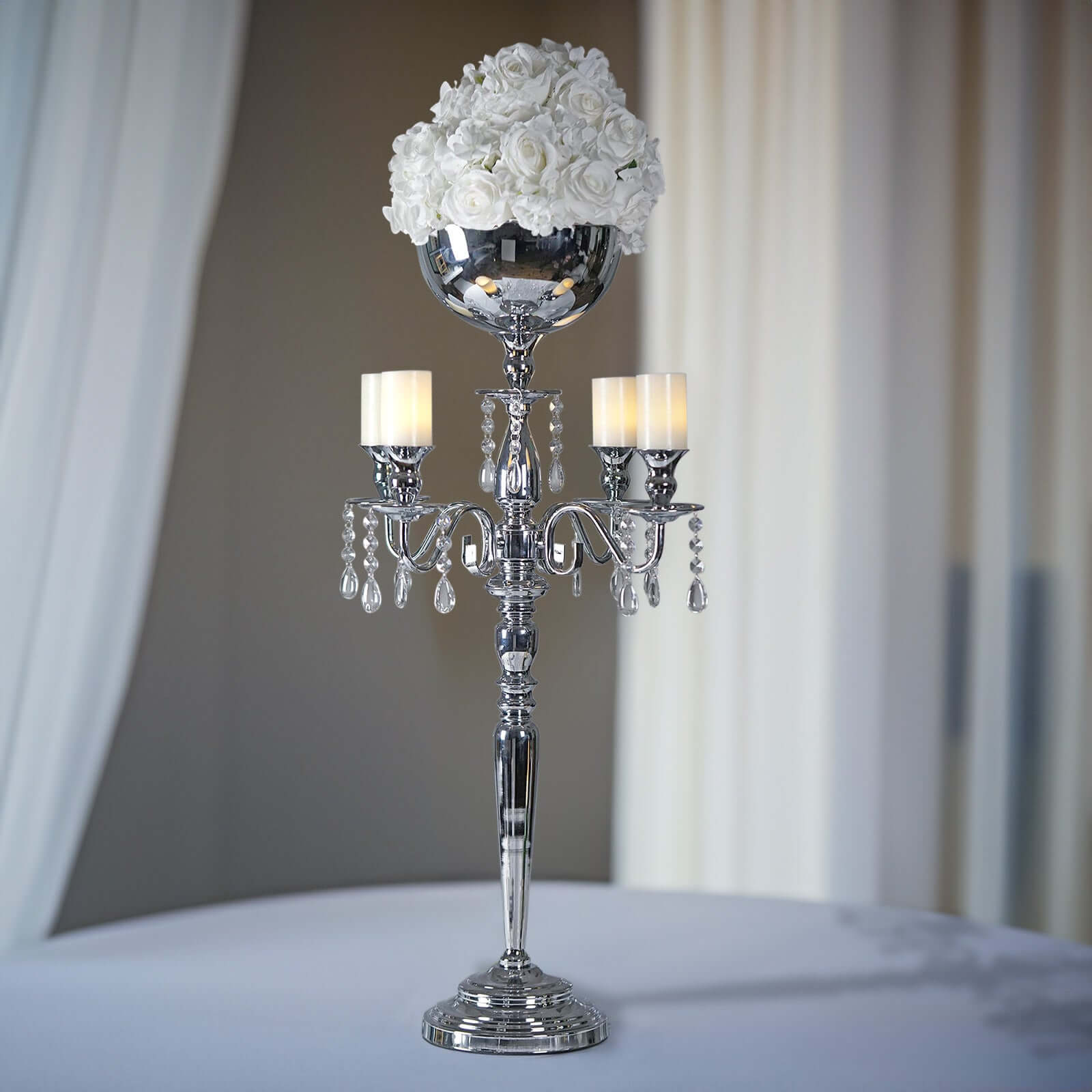 Metal Candelabra 4 Arm Design Silver with Flower Vase Bowl - Table Centerpiece for Weddings 33" - NestOCart