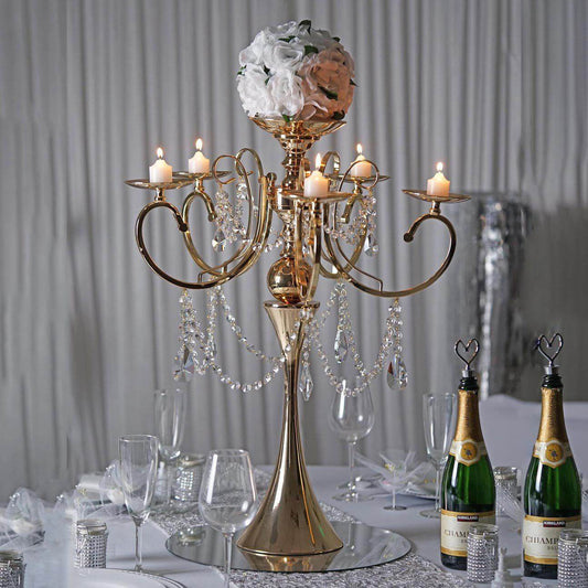 Metal Candelabra 5 Arm Design Gold with Hanging Crystal Drops - Table Centerpiece for Events 27" - NestOCart