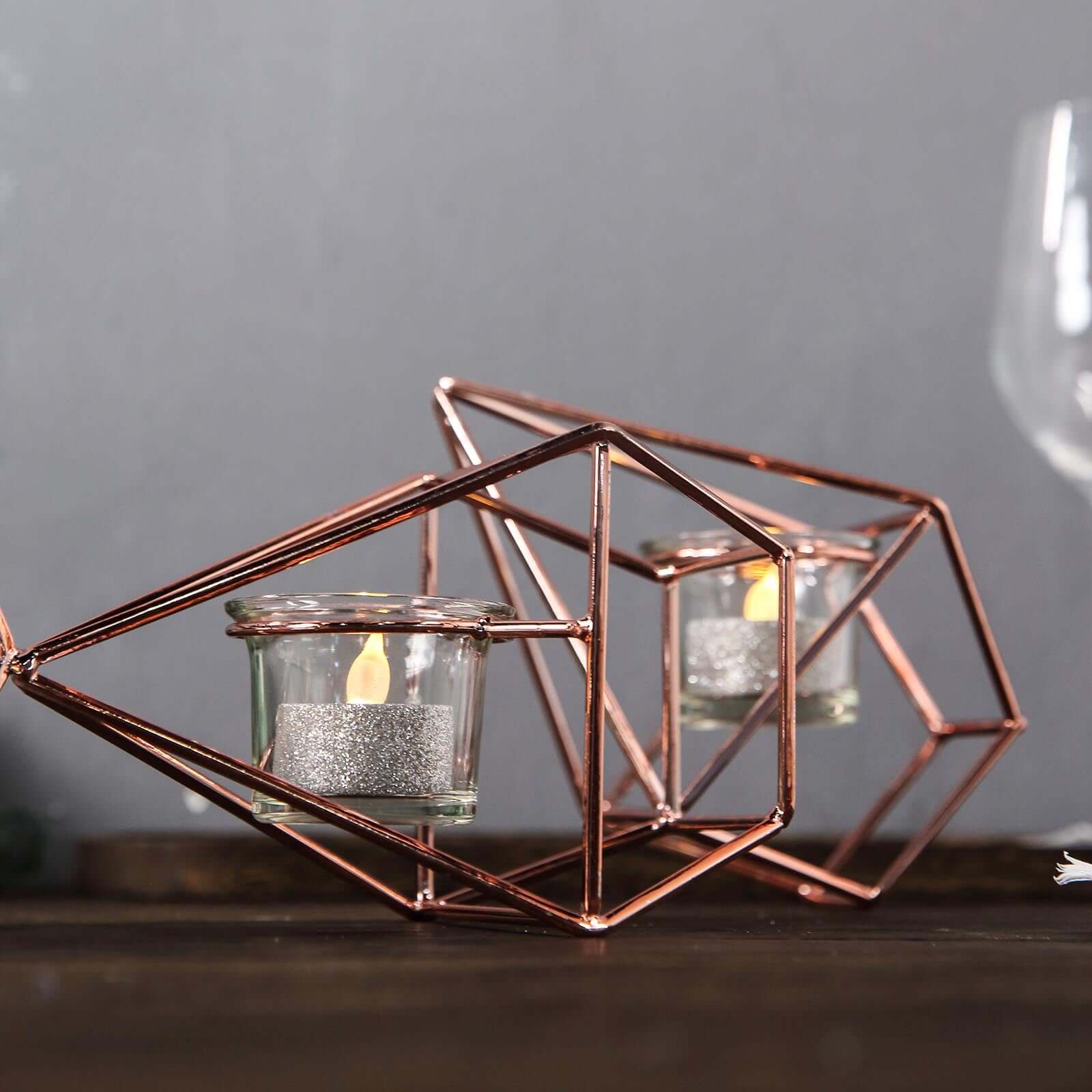 Set of Metal Candle Holders Linked Geometric Design Rose Gold - Modern Votive Glass Decor for Tables & Gatherings 16"