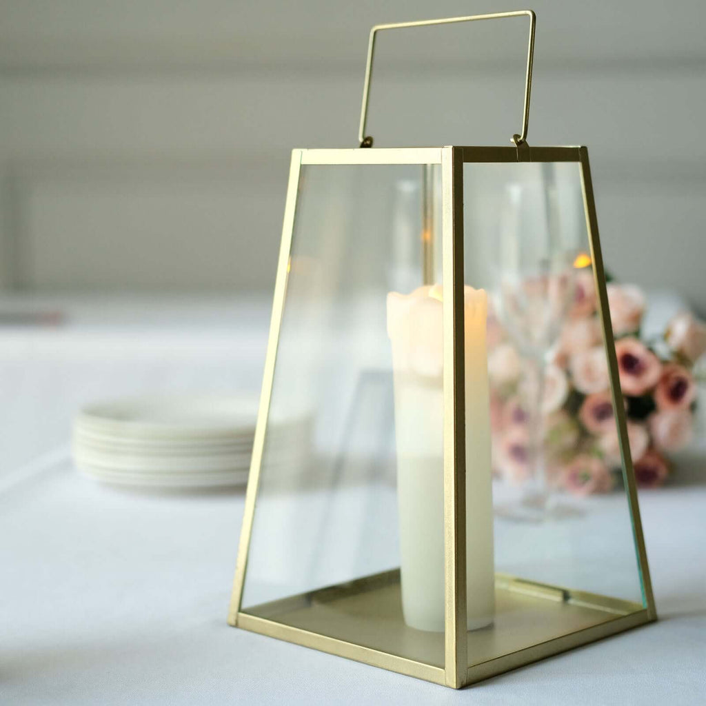 Metal Candle Lantern Trapezoid Geometric Design Gold - Hanging Terrarium Table Centerpiece for Indoor/Outdoor 10" - Bell Racket Store