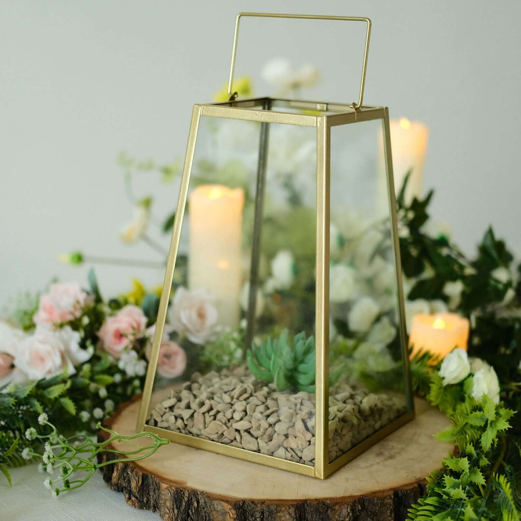 Metal Candle Lantern Trapezoid Geometric Design Gold - Hanging Terrarium Table Centerpiece for Indoor/Outdoor 10" - Bell Racket Store