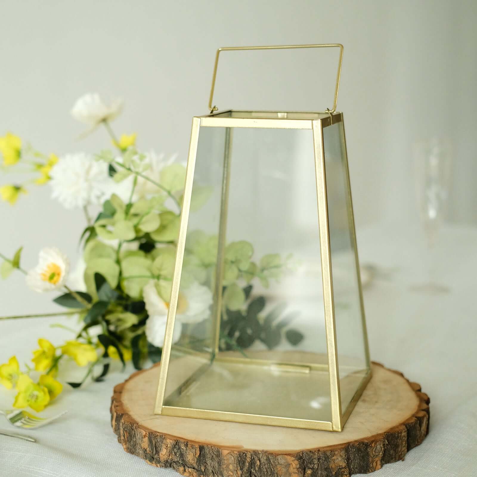 Metal Candle Lantern Trapezoid Geometric Design Gold - Hanging Terrarium Table Centerpiece for Indoor/Outdoor 10" - Bell Racket Store