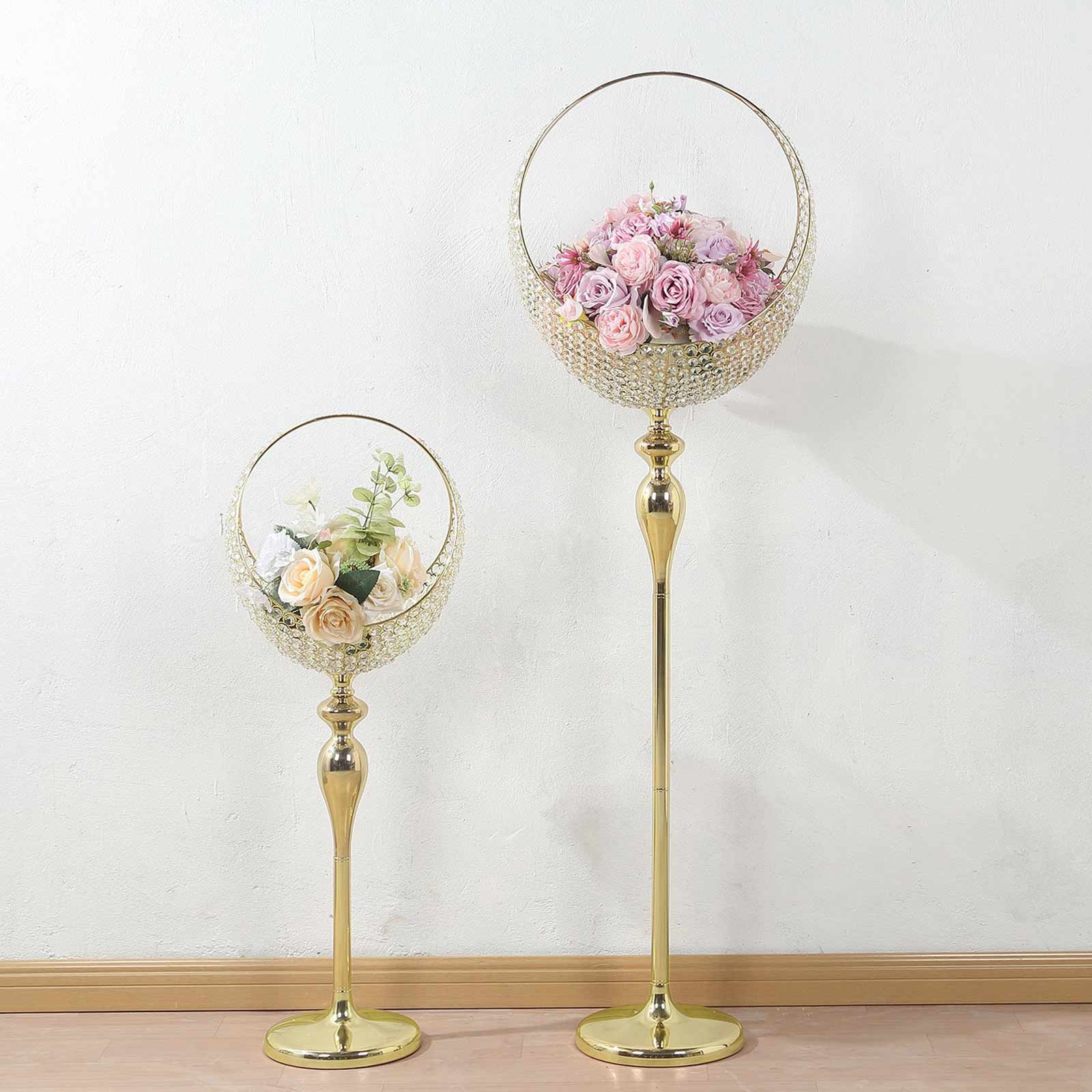 Metal Crystal Beaded Candle Holder Stand, Half Moon Basket Design Gold Wedding Flower Centerpiece with Round Stable Base 3ft Tall - Bell Racket Store