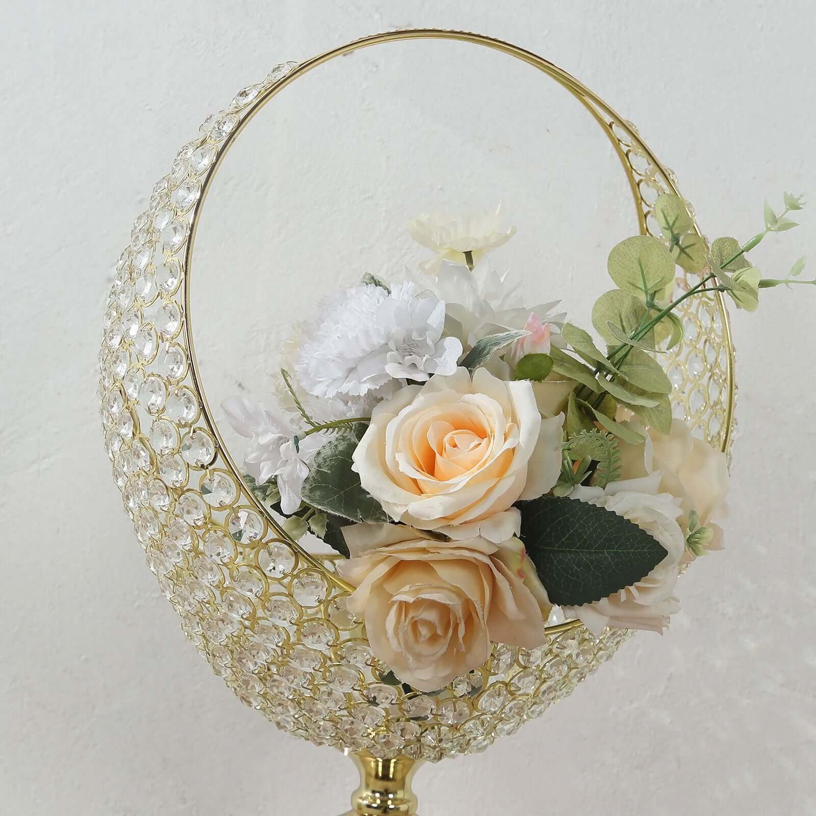 Metal Crystal Beaded Candle Holder Stand, Half Moon Basket Design Gold Wedding Flower Centerpiece with Round Stable Base 3ft Tall - Bell Racket Store