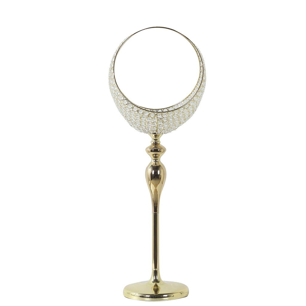Metal Crystal Beaded Candle Holder Stand, Half Moon Basket Design Gold Wedding Flower Centerpiece with Round Stable Base 4.5ft Tall - Bell Racket Store