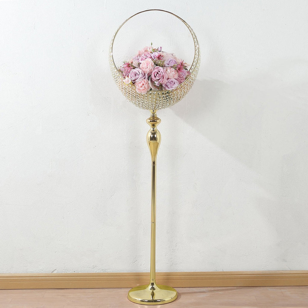 Metal Crystal Beaded Candle Holder Stand, Half Moon Basket Design Gold Wedding Flower Centerpiece with Round Stable Base 4.5ft Tall - Bell Racket Store