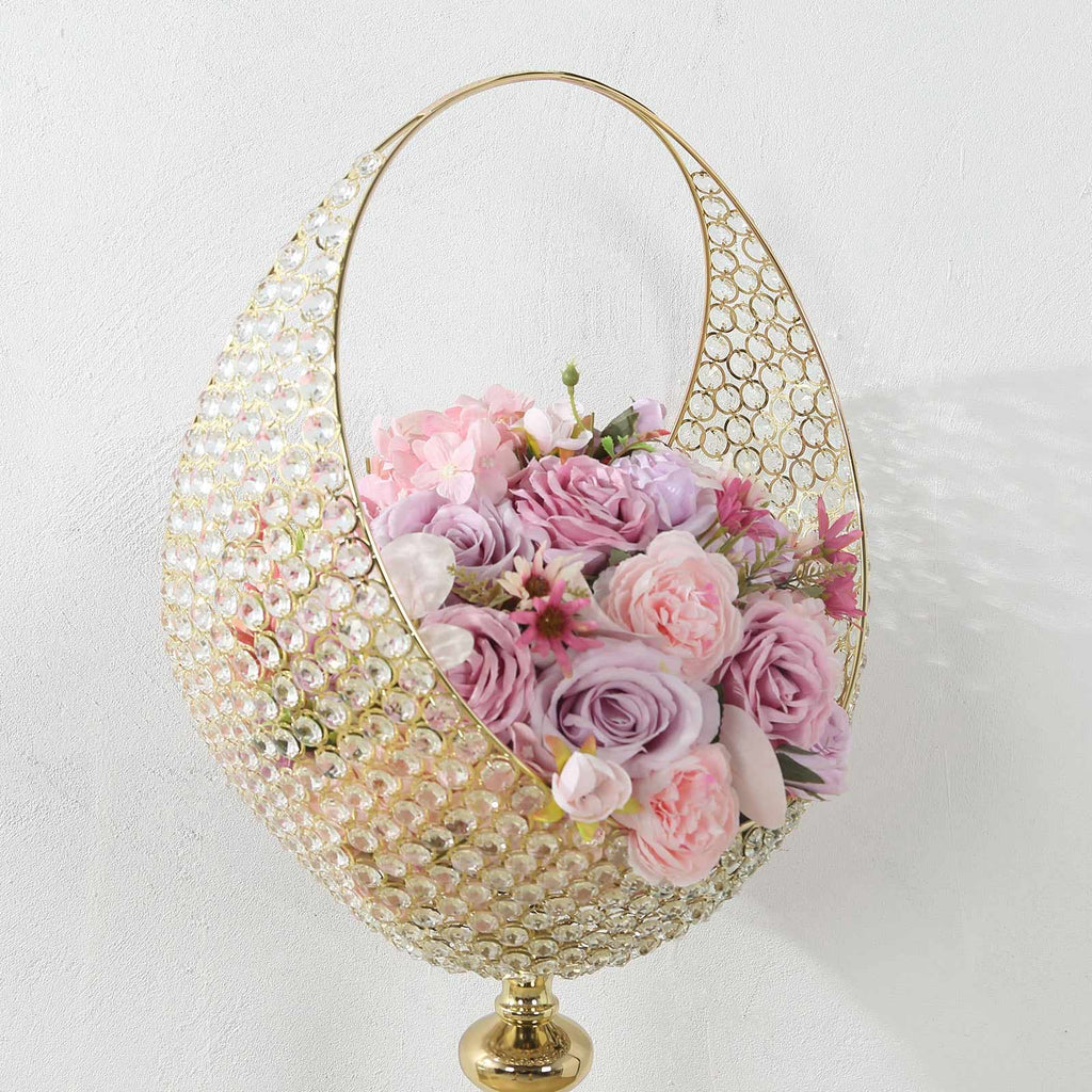 Metal Crystal Beaded Candle Holder Stand, Half Moon Basket Design Gold Wedding Flower Centerpiece with Round Stable Base 4.5ft Tall - Bell Racket Store