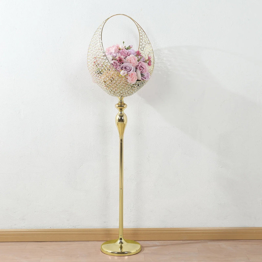 Metal Crystal Beaded Candle Holder Stand, Half Moon Basket Design Gold Wedding Flower Centerpiece with Round Stable Base 4.5ft Tall - Bell Racket Store