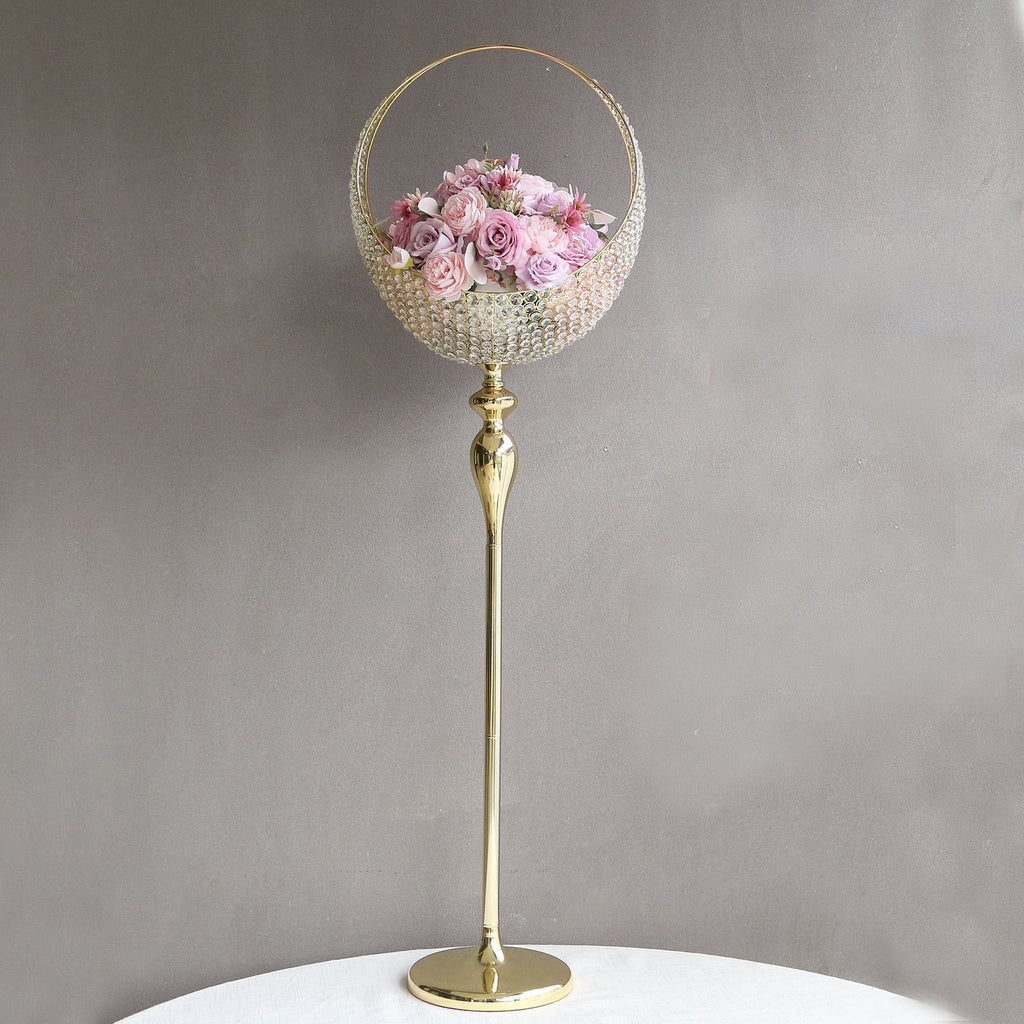 Metal Crystal Beaded Candle Holder Stand, Half Moon Basket Design Gold Wedding Flower Centerpiece with Round Stable Base 4.5ft Tall - Bell Racket Store