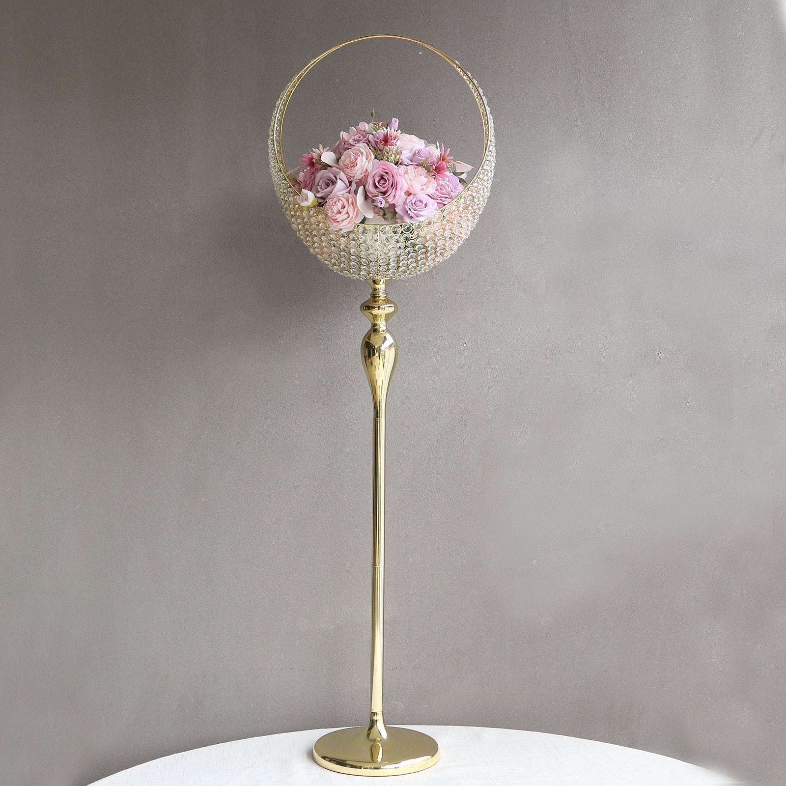 Metal Crystal Beaded Candle Holder Stand, Half Moon Basket Design Gold Wedding Flower Centerpiece with Round Stable Base 4.5ft Tall - Bell Racket Store