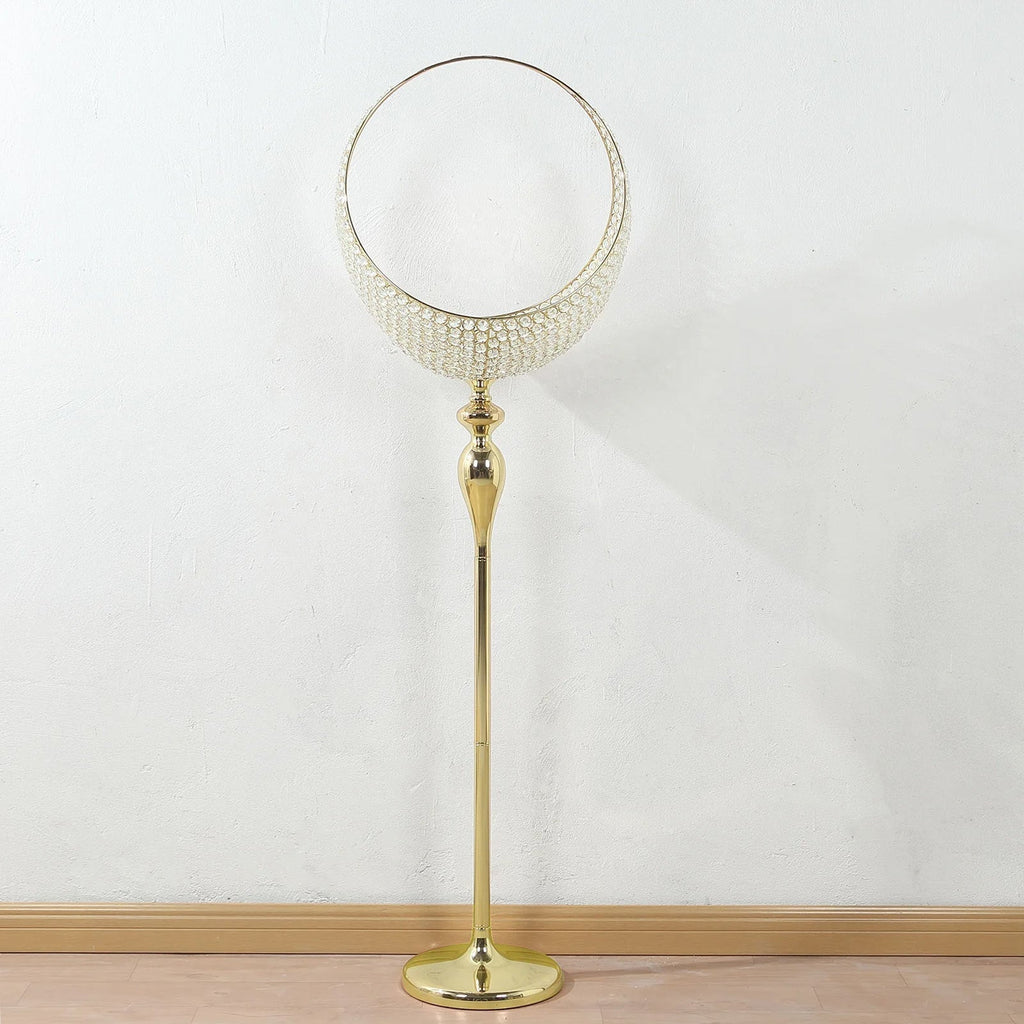 Metal Crystal Beaded Candle Holder Stand, Half Moon Basket Design Gold Wedding Flower Centerpiece with Round Stable Base 4.5ft Tall - Bell Racket Store