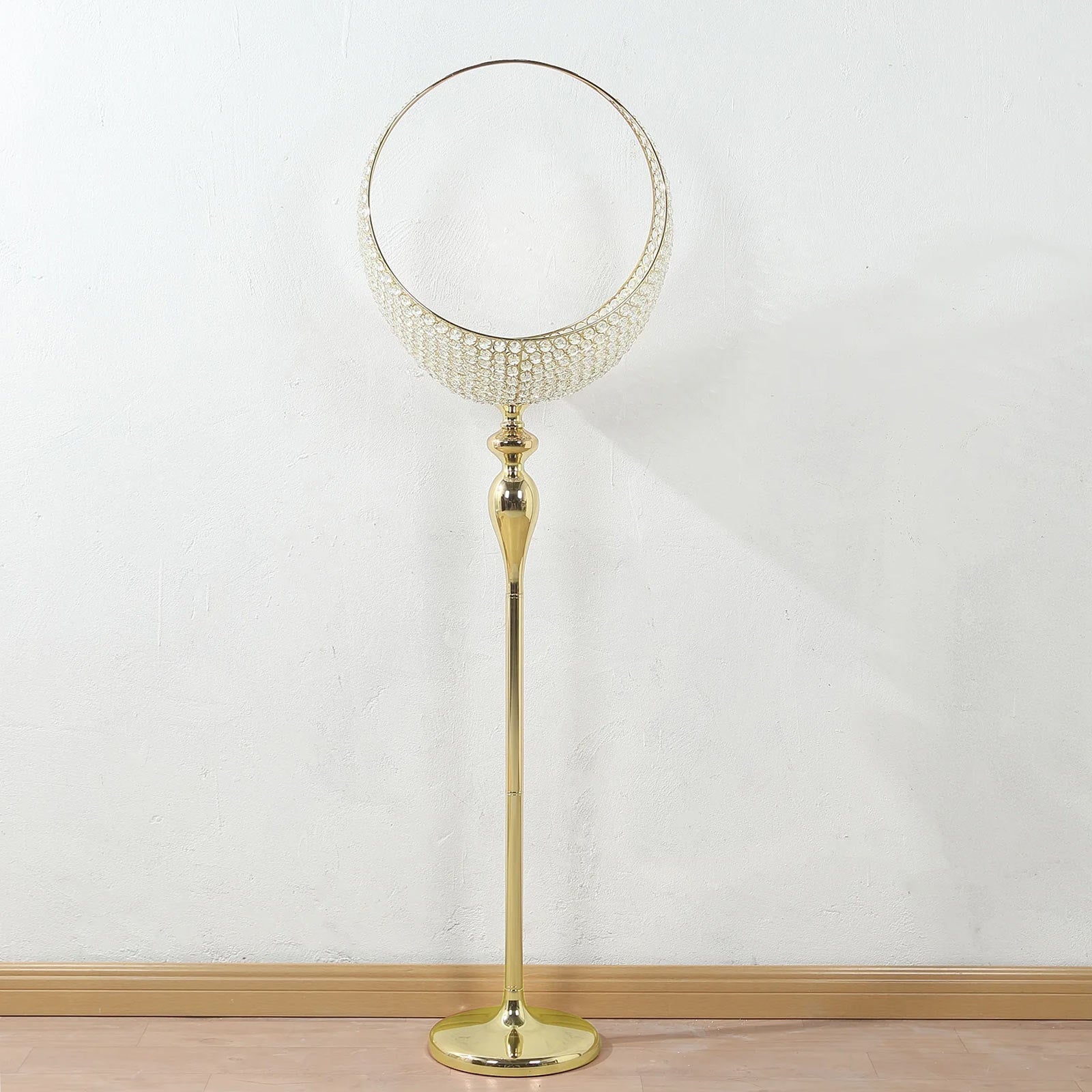 Metal Crystal Beaded Candle Holder Stand, Half Moon Basket Design Gold Wedding Flower Centerpiece with Round Stable Base 4.5ft Tall - Bell Racket Store