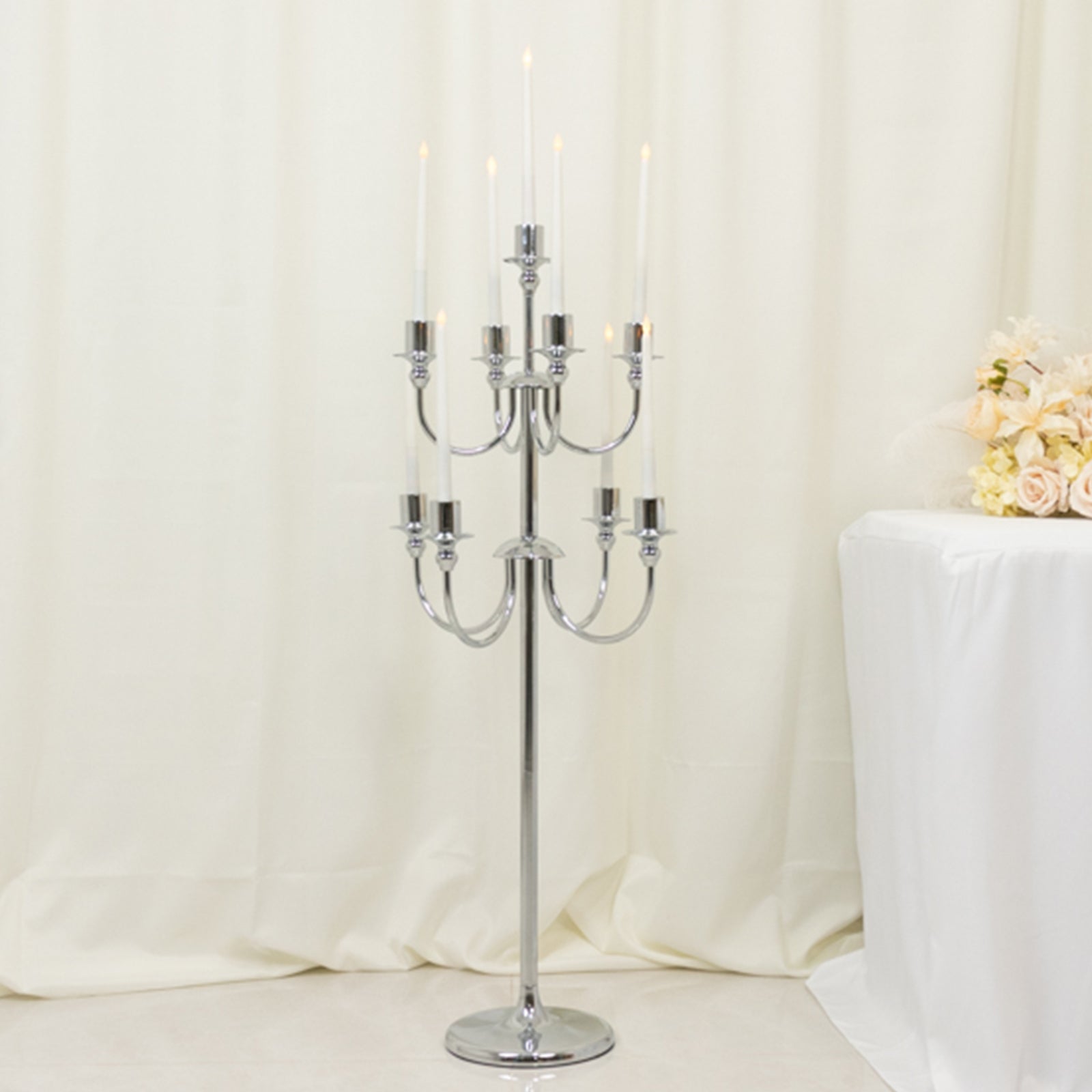 Metal Floor Candelabra Candle Holder, 9 - Arm Vintage Taper Stand Silver Table Centerpiece for Weddings & Parties 46" Tall - Bell Racket Store