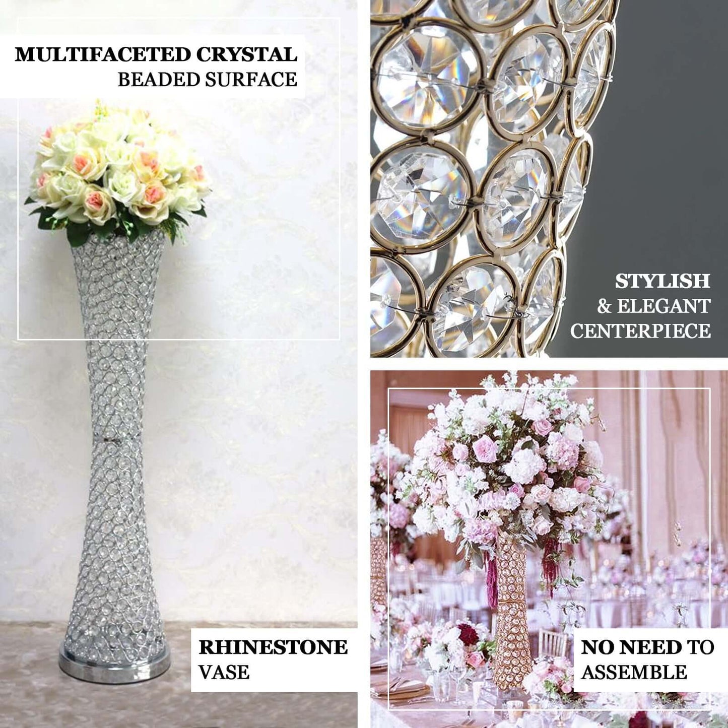 Metal Hurricane Floral Vase Centerpiece Metallic Gold with Crystal Beaded Design - Decorative Table Piece 36" - Bell Racket Store