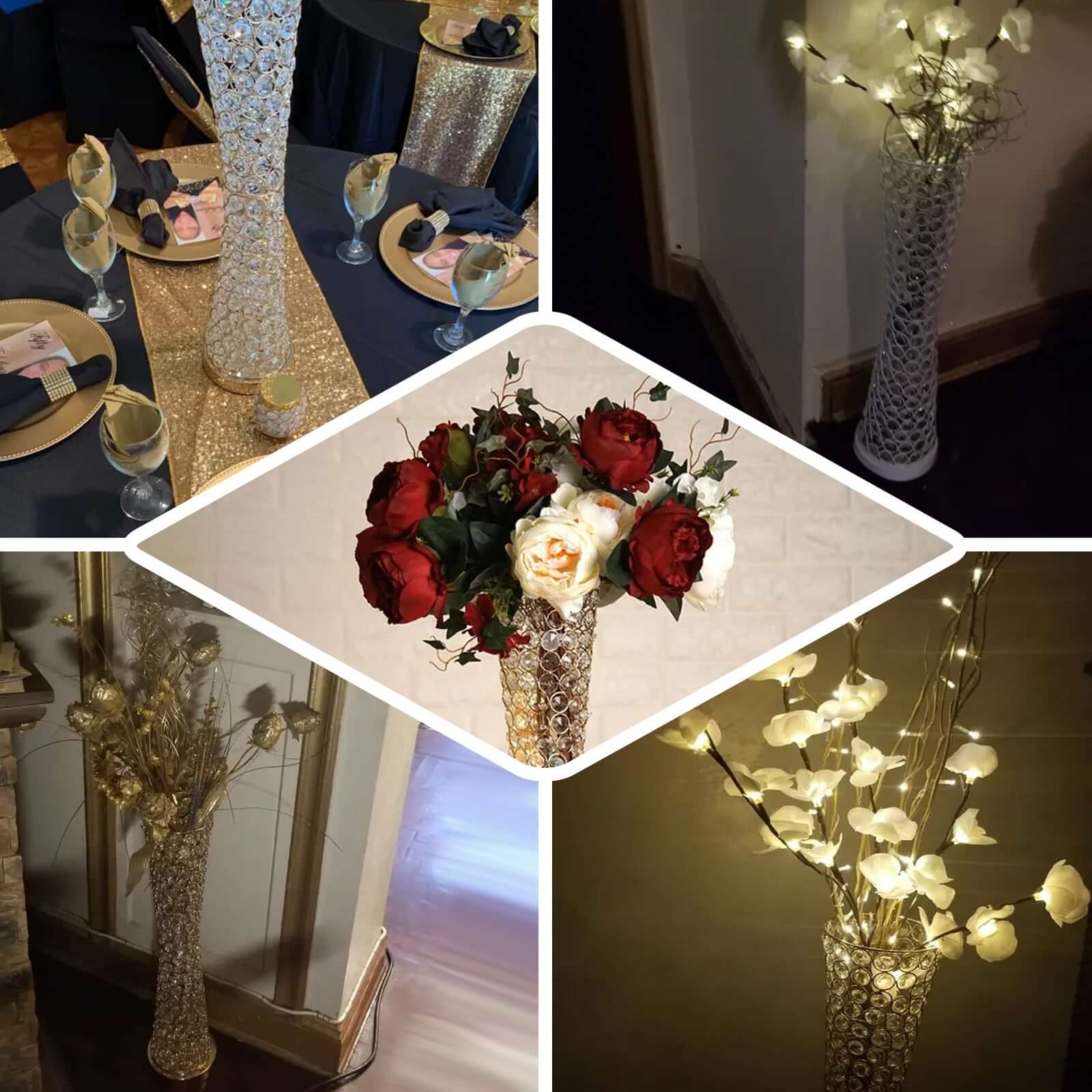 Metal Hurricane Floral Vase Centerpiece Metallic Gold with Crystal Beaded Design - Decorative Table Piece 36" - Bell Racket Store