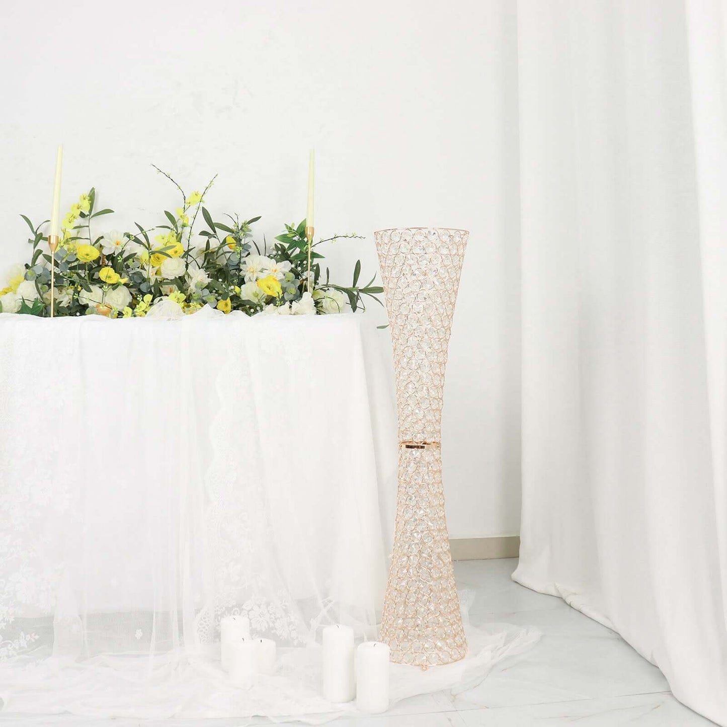 Metal Hurricane Floral Vase Centerpiece Metallic Gold with Crystal Beaded Design - Decorative Table Piece 36" - Bell Racket Store