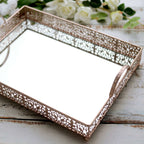 Metal Mirrored Rectangle Serving Tray 16"x12" in Rose Gold Fleur De Lis Design with Handles, French Inspired Decorative Vanity Tray Centerpiece - Bell Racket Store