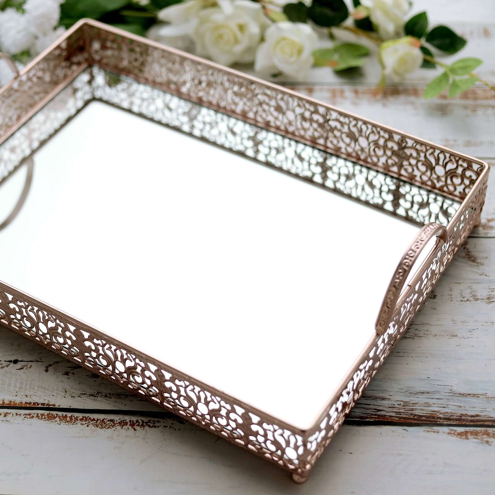 Metal Mirrored Rectangle Serving Tray 16"x12" in Rose Gold Fleur De Lis Design with Handles, French Inspired Decorative Vanity Tray Centerpiece - Bell Racket Store