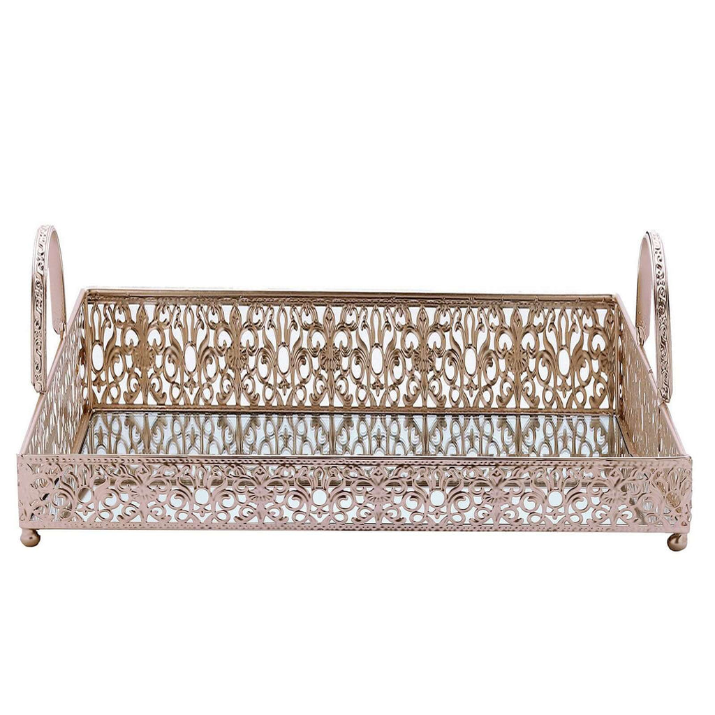 Metal Mirrored Rectangle Serving Tray 16"x12" in Rose Gold Fleur De Lis Design with Handles, French Inspired Decorative Vanity Tray Centerpiece - Bell Racket Store