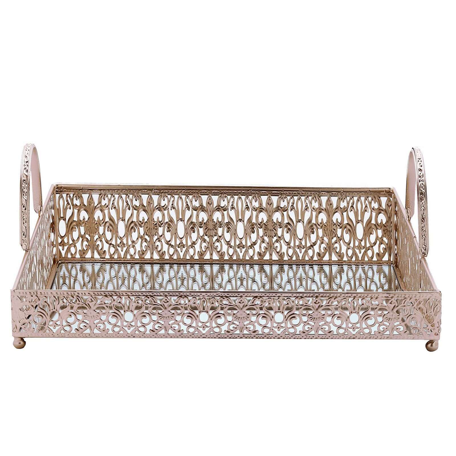 Metal Mirrored Rectangle Serving Tray 16"x12" in Rose Gold Fleur De Lis Design with Handles, French Inspired Decorative Vanity Tray Centerpiece - Bell Racket Store