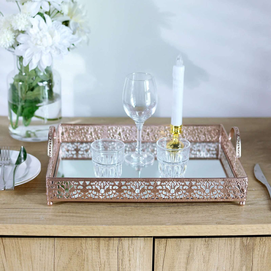 Metal Mirrored Rectangle Serving Tray 16"x12" in Rose Gold Fleur De Lis Design with Handles, French Inspired Decorative Vanity Tray Centerpiece - Bell Racket Store