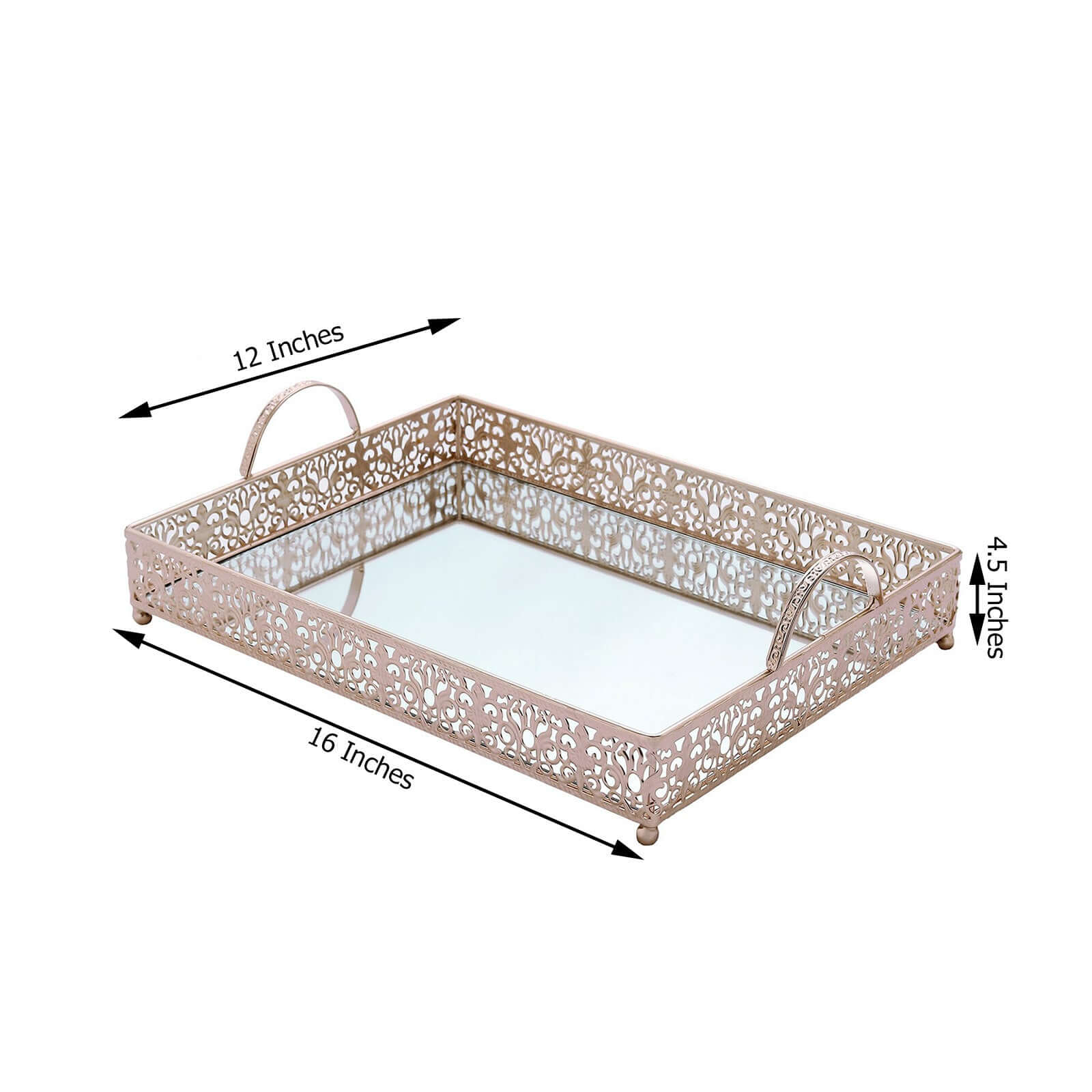 Metal Mirrored Rectangle Serving Tray 16"x12" in Rose Gold Fleur De Lis Design with Handles, French Inspired Decorative Vanity Tray Centerpiece - Bell Racket Store