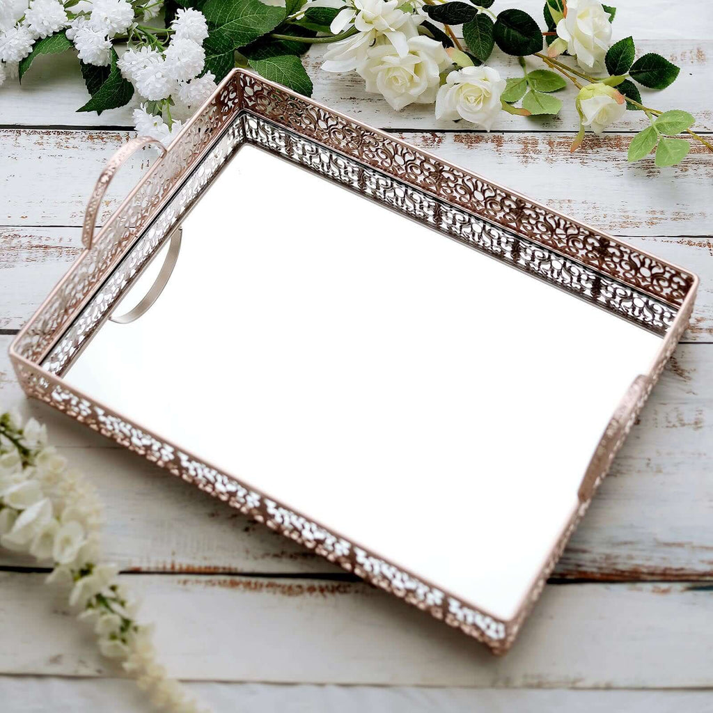 Metal Mirrored Rectangle Serving Tray 16"x12" in Rose Gold Fleur De Lis Design with Handles, French Inspired Decorative Vanity Tray Centerpiece - Bell Racket Store