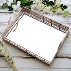Metal Mirrored Rectangle Serving Tray 16"x12" in Rose Gold Fleur De Lis Design with Handles, French Inspired Decorative Vanity Tray Centerpiece - Bell Racket Store