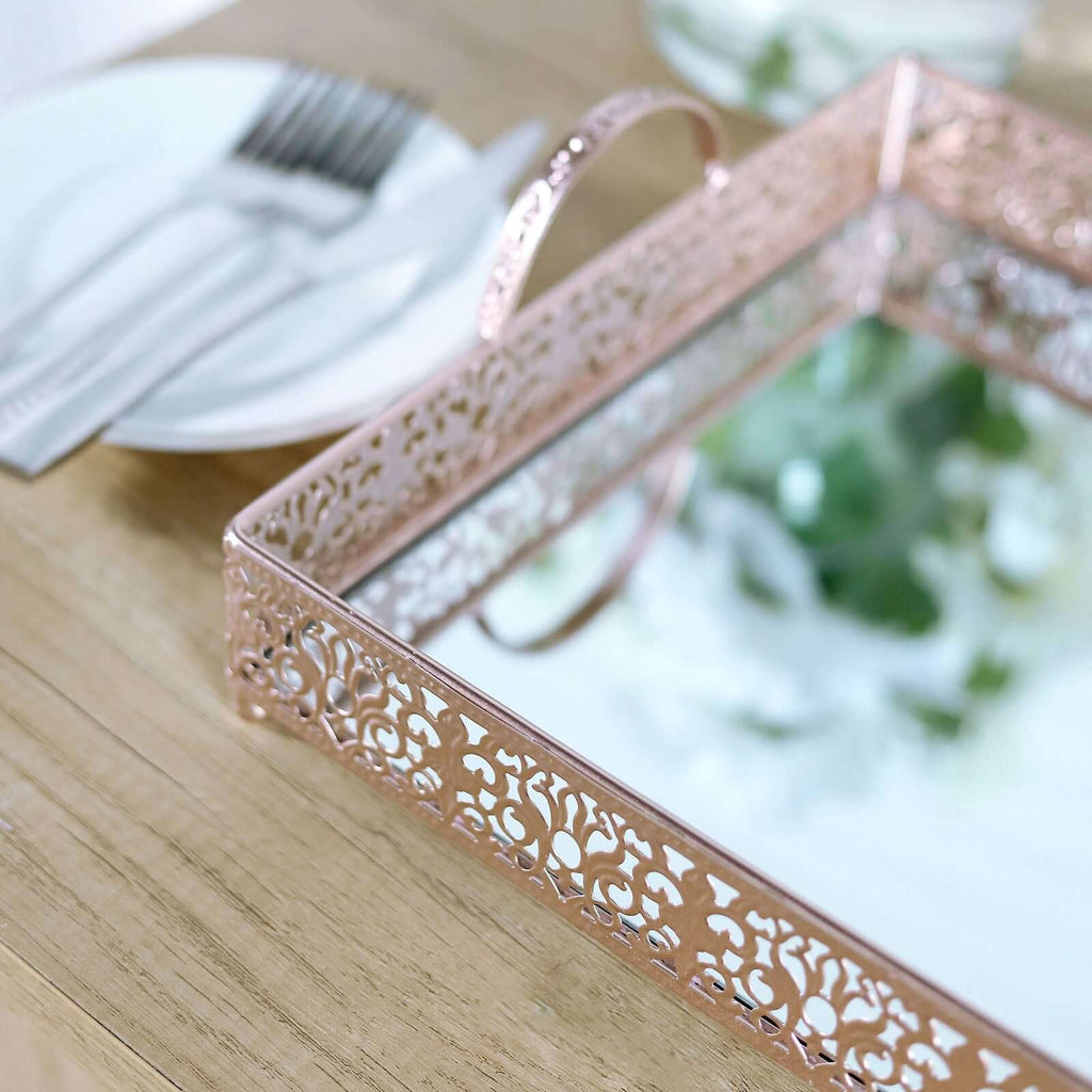 Metal Mirrored Rectangle Serving Tray 16"x12" in Rose Gold Fleur De Lis Design with Handles, French Inspired Decorative Vanity Tray Centerpiece - Bell Racket Store